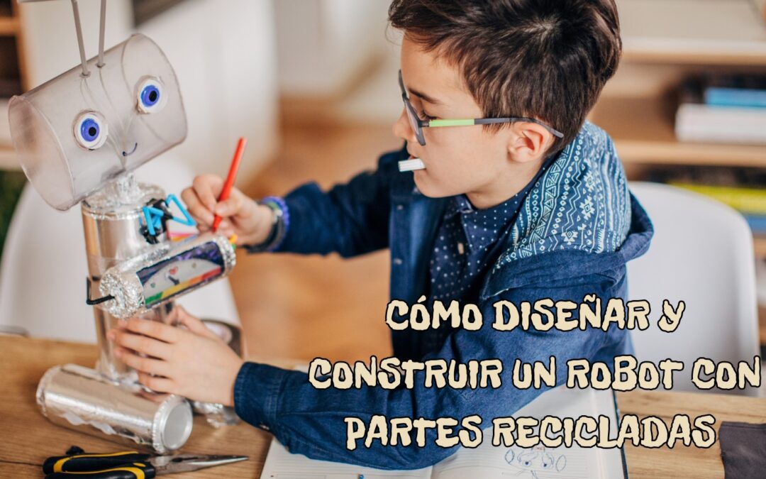niño construye robot con partes recicladas